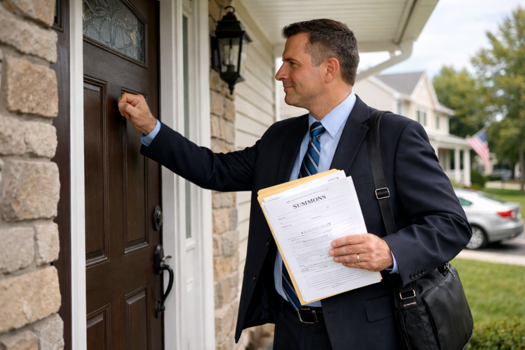 process server knocking on residential door to serve legal documents