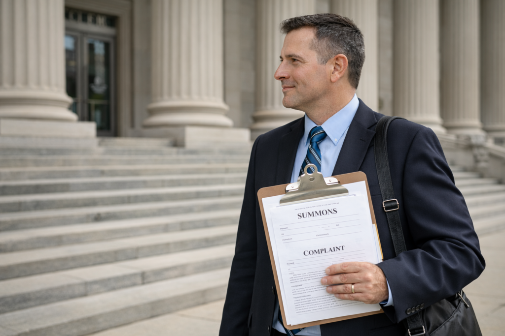 professional process server holding legal documents outside courthouse