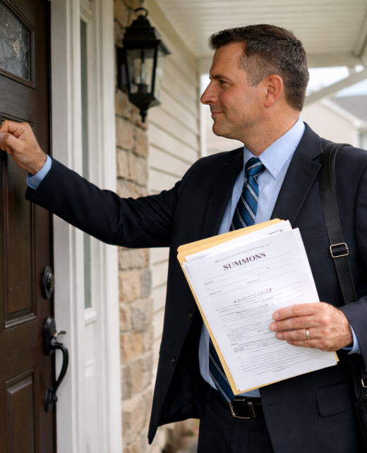 process server knocking on residential door to serve legal documents